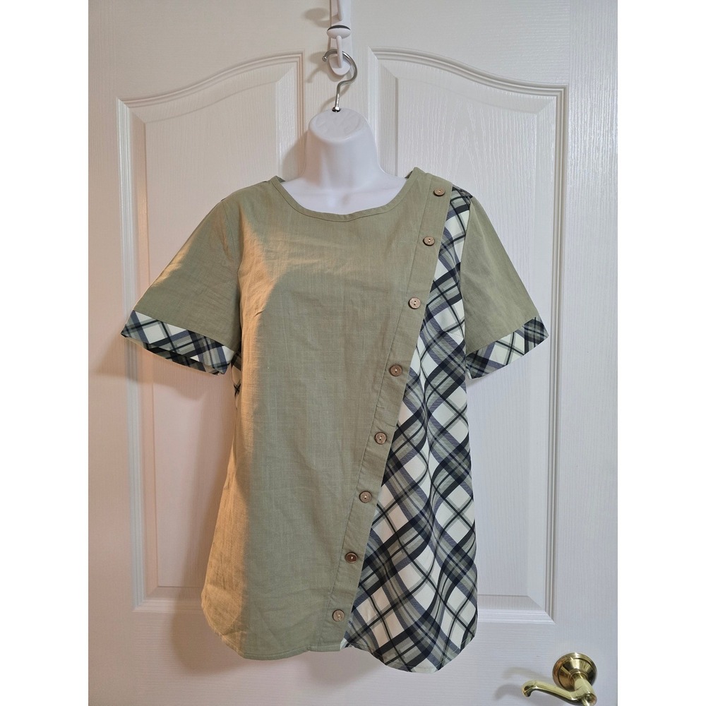 Unique Asymmetrical Plaid Patchwork Tunic Top Size M Slick & Cotton /0311